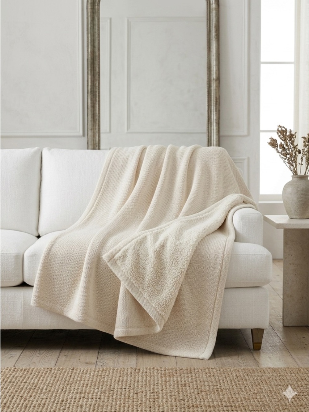 POTTERY BARN Chunky Knit Sherpa Backed Blanket Ivory Cream Queen 90x96